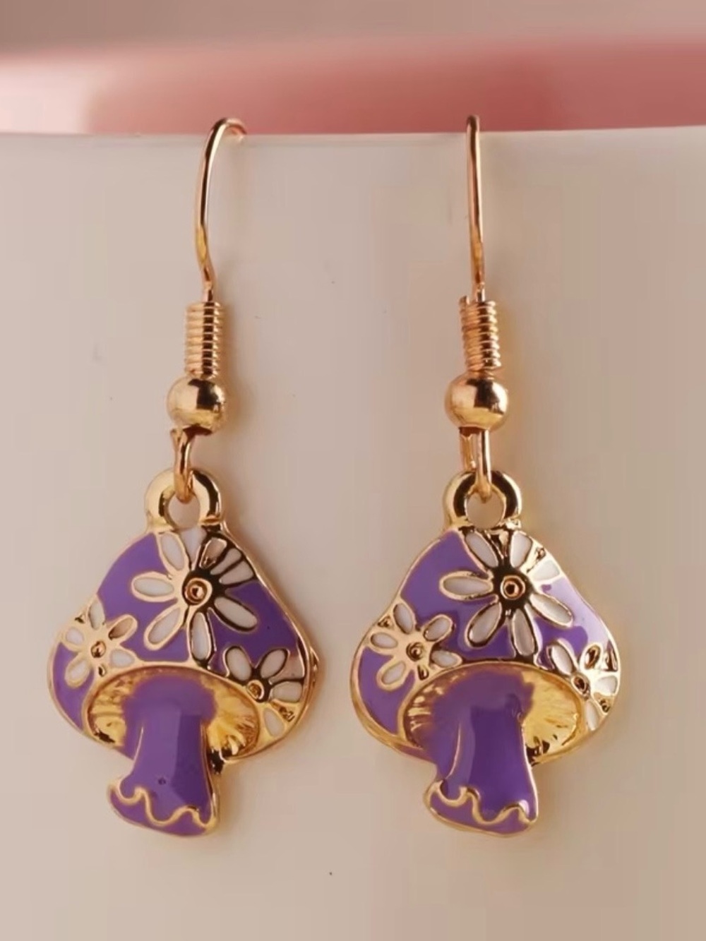 Gold Tone Purple Enamel Mushroom Floral Flower Pattern Cute Drop Dangle Earrings